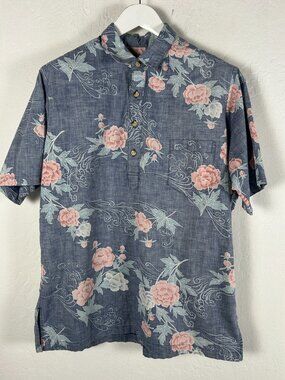 90s Vintage Mark Raysten Floral Hawaiian Shirt Blue Pullover Short Sleeve Pocket